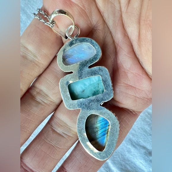 925 Trifecta Rainbow Flash Moonstone + Larimar + Labradorite Pendant Necklace - Picture 7 of 9